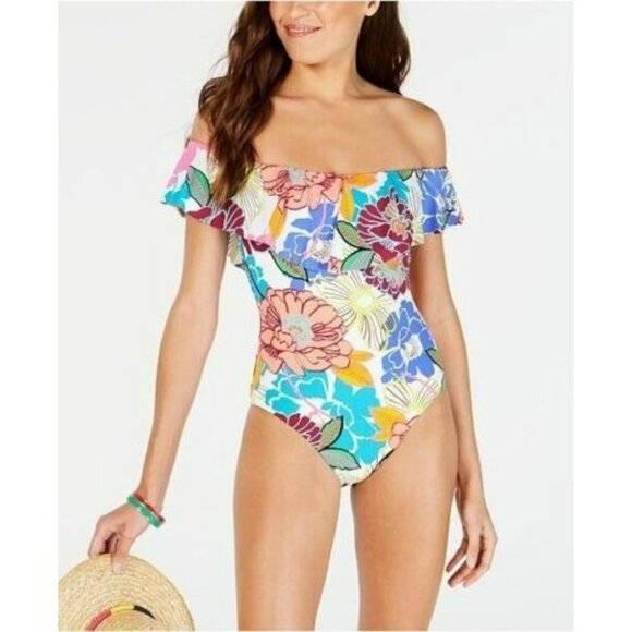 Trina Turk Other - Trina Turk Swimsuit Size 4 Radiant Blooms Bandeau One Piece Ruffle Floral